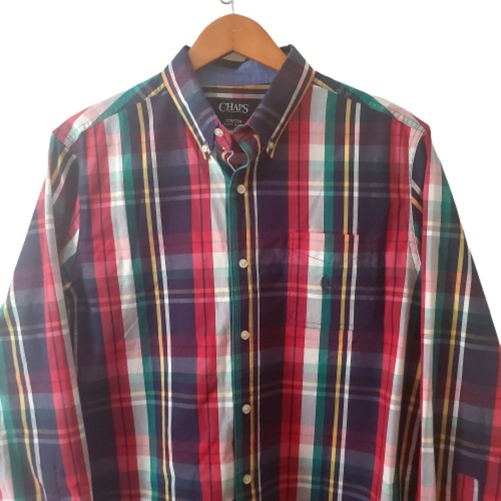 CHAPS Men's Newport Navy Stretch Poplin Plaid Button Down Long-Sleeve Shirt L/G - Picture 4 of 16